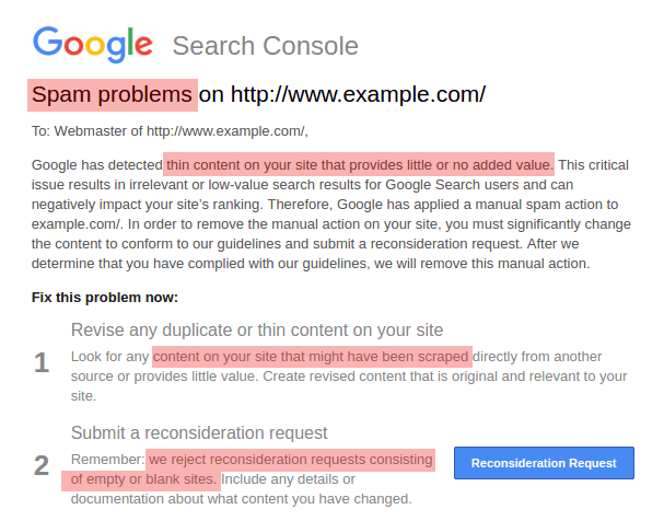 Spam Problems Message (Thin Content) - HIGHLIGHTED