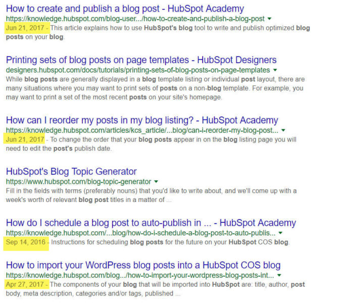 Blog post dates appear in SERPs